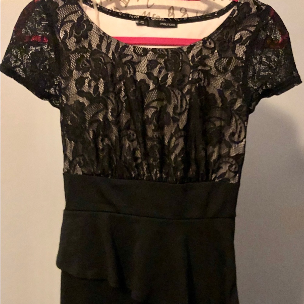 EUC Lace Overlay Asymmetrical Peplum Dress